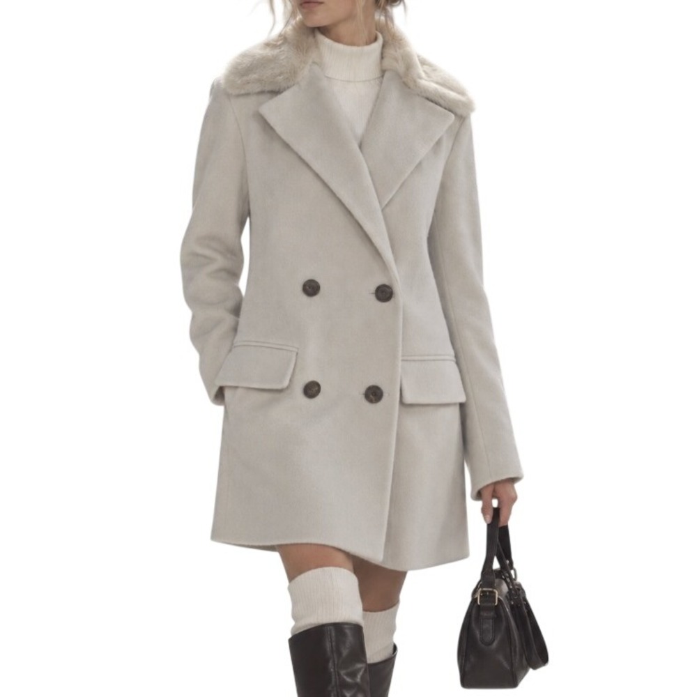 Fleurette Wool Coat Double‎ Breasted Fur Collar Ivory 12 Luxury Designer Winter